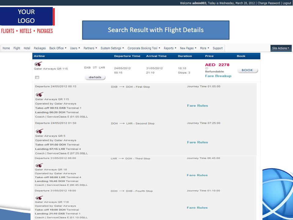 1 YOUR LOGO Search Result with Flight Details