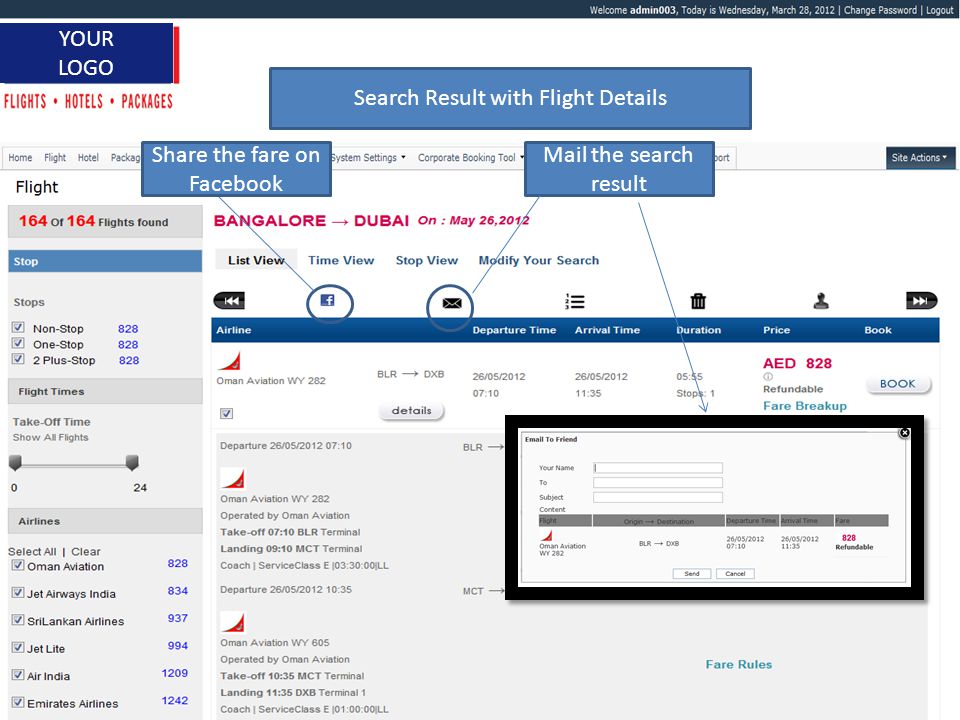 1 YOUR LOGO Search Result with Flight Details Mail the search result Share the fare on Facebook