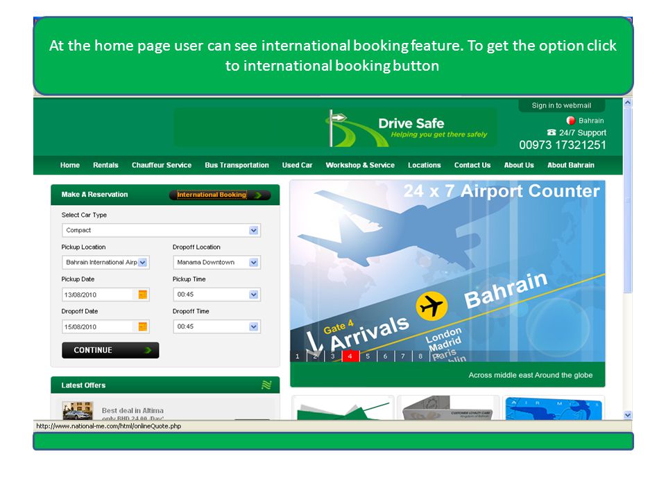 At the home page user can see international booking feature.