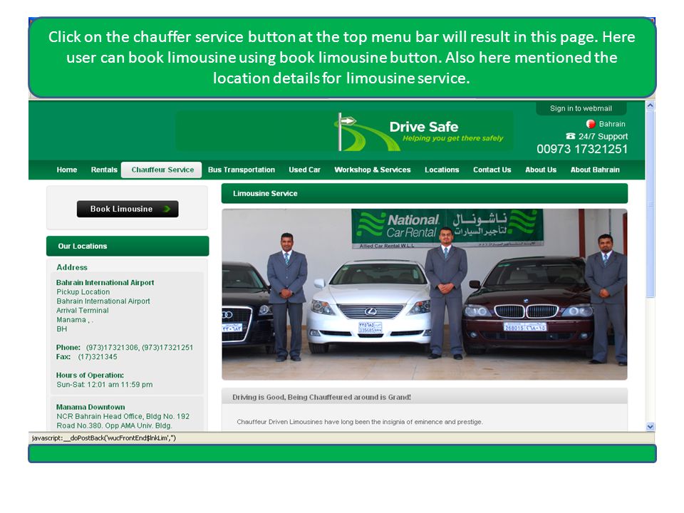 Click on the chauffer service button at the top menu bar will result in this page.
