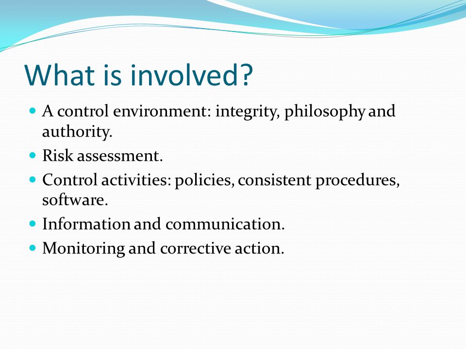 What is involved. A control environment: integrity, philosophy and authority.