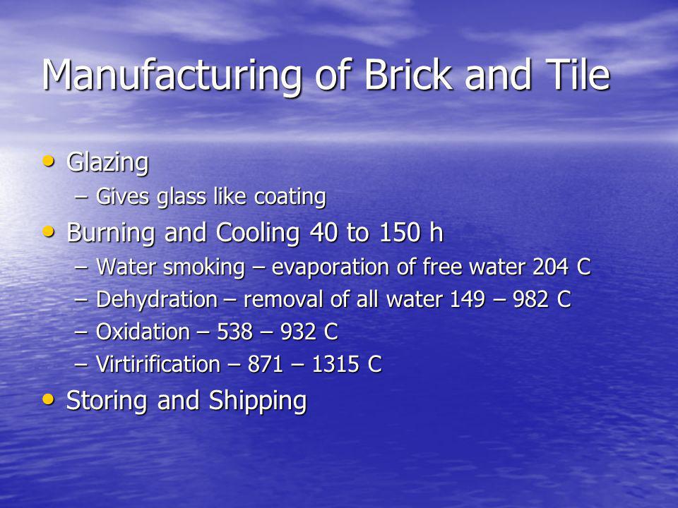 Manufacturing of Brick and Tile Glazing Glazing –Gives glass like coating Burning and Cooling 40 to 150 h Burning and Cooling 40 to 150 h –Water smoking – evaporation of free water 204 C –Dehydration – removal of all water 149 – 982 C –Oxidation – 538 – 932 C –Virtirification – 871 – 1315 C Storing and Shipping Storing and Shipping