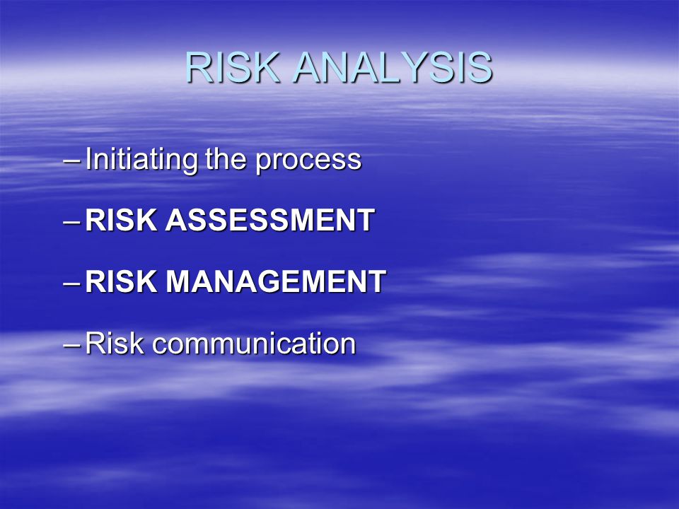 RISK ANALYSIS –Initiating the process –RISK ASSESSMENT –RISK MANAGEMENT –Risk communication