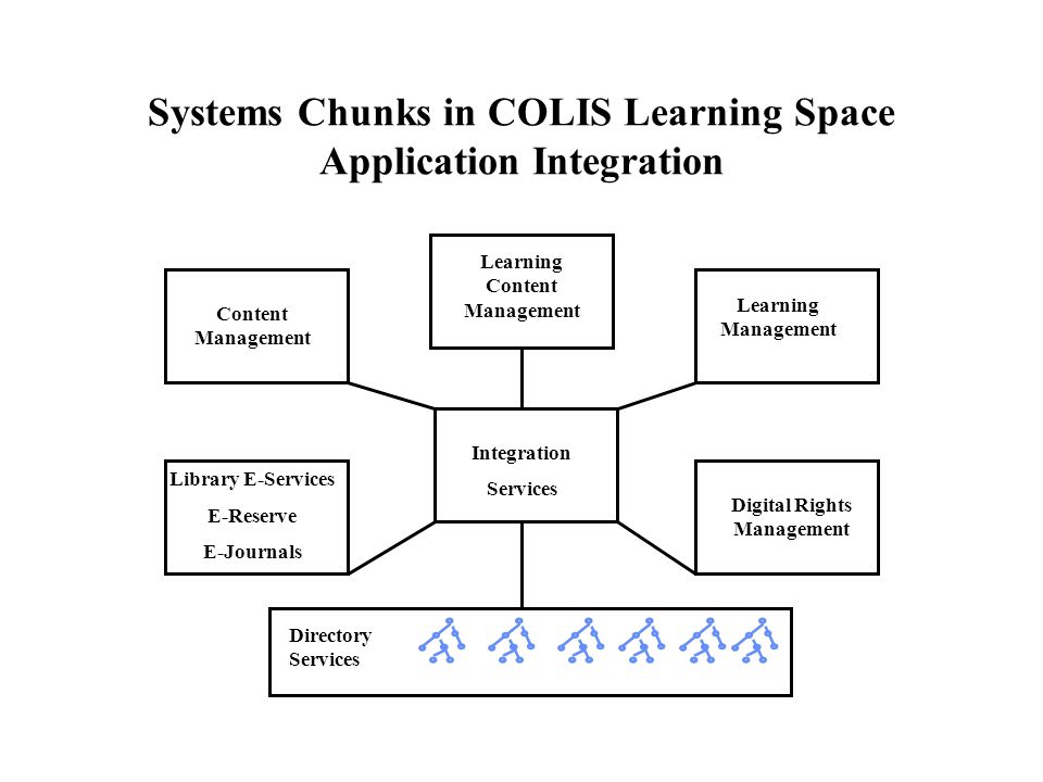 Systems Chunks in COLIS Learning Space Application Integration Content Management Library E-Services E-Reserve E-Journals Integration Services Learning Management Digital Rights Management Directory Services Learning Content Management