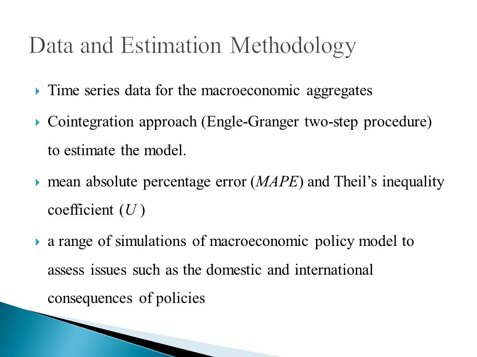 Time series data for the macroeconomic aggregates Cointegration approach (Engle-Granger two-step procedure) to estimate the model.