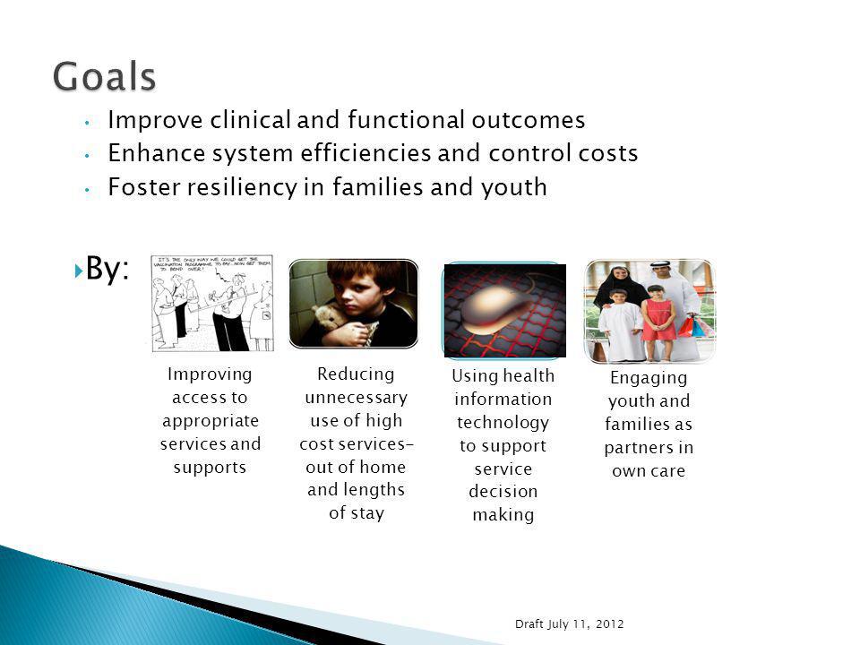 Improve clinical and functional outcomes Enhance system efficiencies and control costs Foster resiliency in families and youth By: Improving access to appropriate services and supports Reducing unnecessary use of high cost services- out of home and lengths of stay Using health information technology to support service decision making Engaging youth and families as partners in own care Draft July 11, 2012