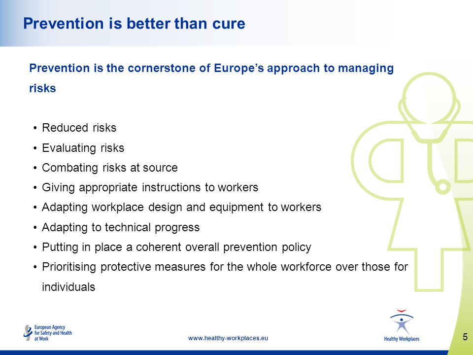 5   Prevention is better than cure Prevention is the cornerstone of Europes approach to managing risks Reduced risks Evaluating risks Combating risks at source Giving appropriate instructions to workers Adapting workplace design and equipment to workers Adapting to technical progress Putting in place a coherent overall prevention policy Prioritising protective measures for the whole workforce over those for individuals
