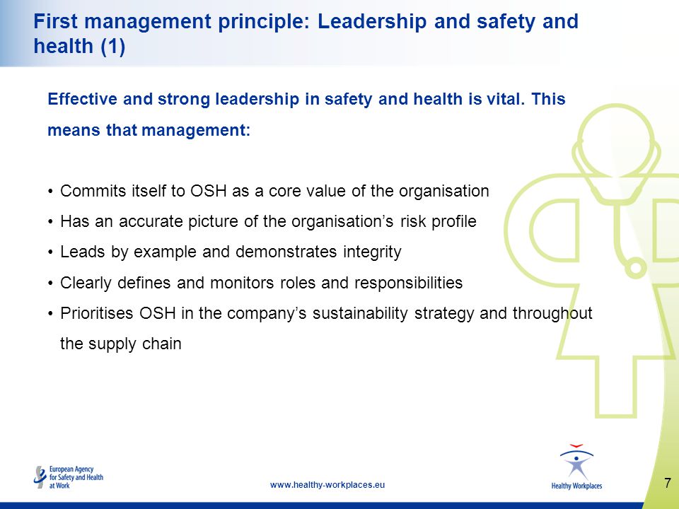 7   First management principle: Leadership and safety and health (1) Effective and strong leadership in safety and health is vital.