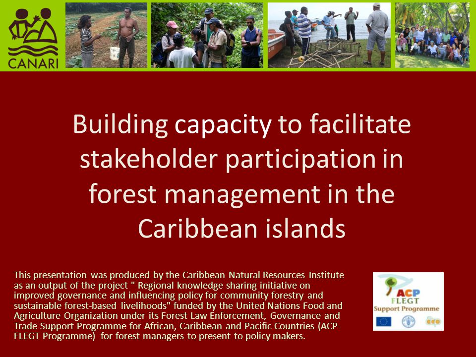Building capacity to facilitate stakeholder participation in forest management in the Caribbean islands This presentation was produced by the Caribbean Natural Resources Institute as an output of the project Regional knowledge sharing initiative on improved governance and influencing policy for community forestry and sustainable forest-based livelihoods funded by the United Nations Food and Agriculture Organization under its Forest Law Enforcement, Governance and Trade Support Programme for African, Caribbean and Pacific Countries (ACP- FLEGT Programme) for forest managers to present to policy makers.