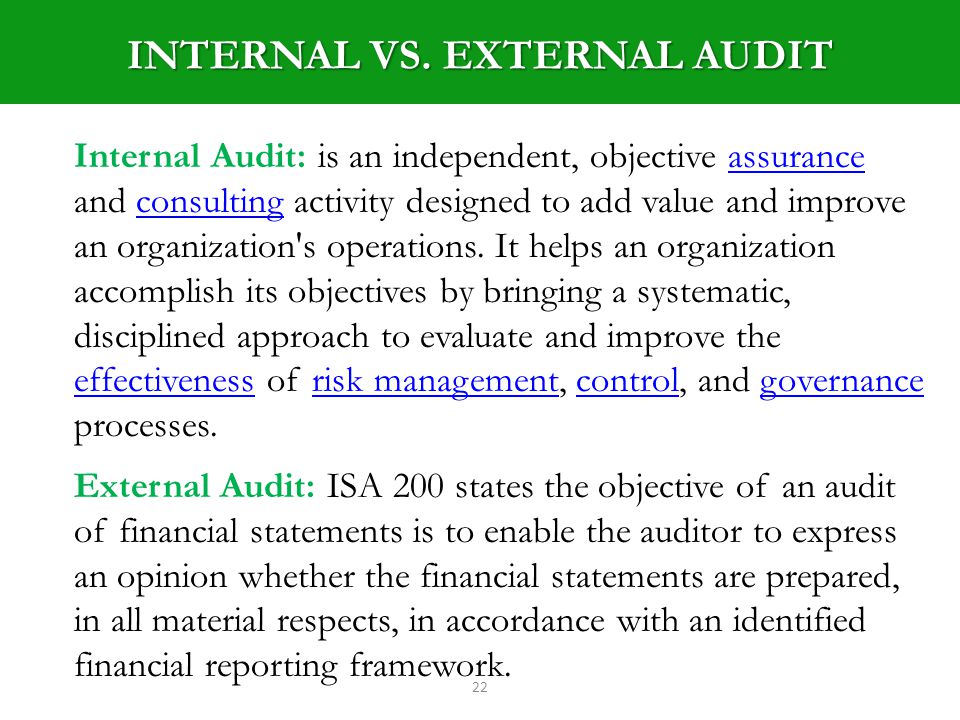 22 Internal Audit: is an independent, objective assurance and consulting activity designed to add value and improve an organization s operations.