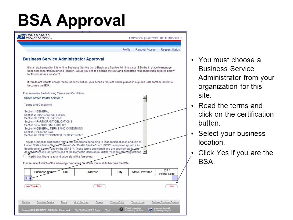 BSA Approval You must choose a Business Service Administrator from your organization for this site.