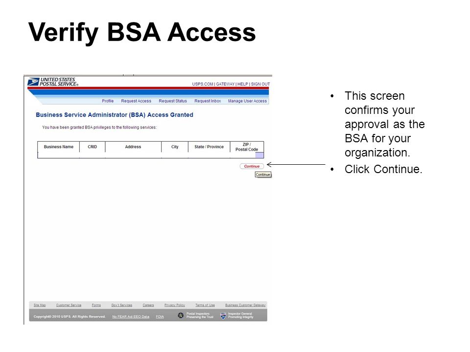 This screen confirms your approval as the BSA for your organization.