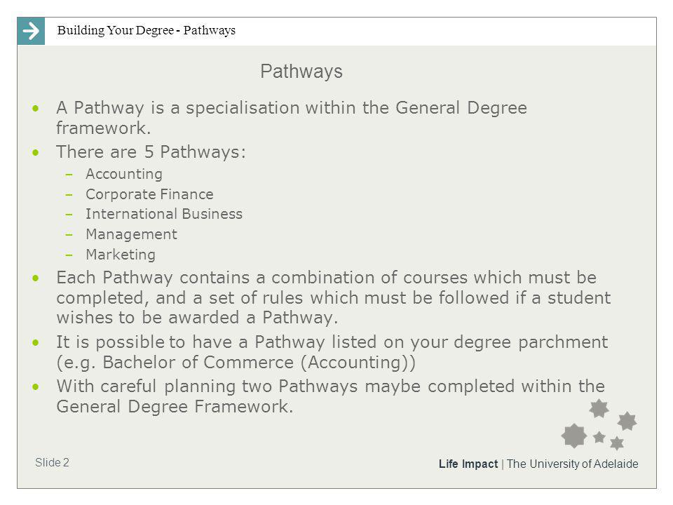 Building Your Degree - Pathways Slide 2 Life Impact | The University of Adelaide Pathways A Pathway is a specialisation within the General Degree framework.