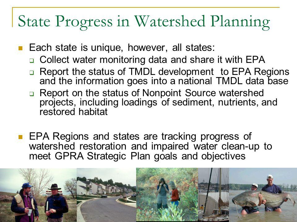 11 State Progress in Watershed Planning Each state is unique, however, all states: Collect water monitoring data and share it with EPA Report the status of TMDL development to EPA Regions and the information goes into a national TMDL data base Report on the status of Nonpoint Source watershed projects, including loadings of sediment, nutrients, and restored habitat EPA Regions and states are tracking progress of watershed restoration and impaired water clean-up to meet GPRA Strategic Plan goals and objectives
