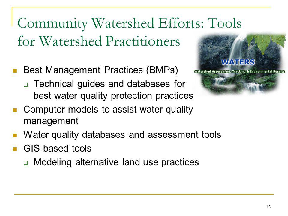 13 Community Watershed Efforts: Tools for Watershed Practitioners Best Management Practices (BMPs) Technical guides and databases for best water quality protection practices Computer models to assist water quality management Water quality databases and assessment tools GIS-based tools Modeling alternative land use practices
