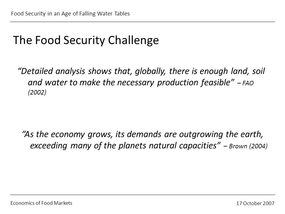 Economics of Food Markets 17 October 2007 Food Security in an Age of Falling Water Tables The Food Security Challenge Detailed analysis shows that, globally, there is enough land, soil and water to make the necessary production feasible – FAO (2002) As the economy grows, its demands are outgrowing the earth, exceeding many of the planets natural capacities – Brown (2004)