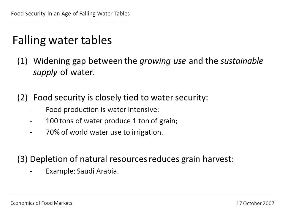 Economics of Food Markets 17 October 2007 Food Security in an Age of Falling Water Tables Falling water tables (1)Widening gap between the growing use and the sustainable supply of water.