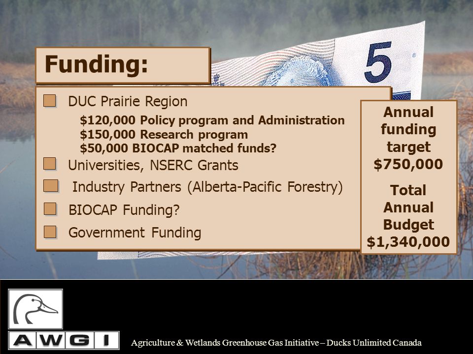 Funding: Annual funding target $750,000 Total Annual Budget $1,340,000 Universities, NSERC Grants Industry Partners (Alberta-Pacific Forestry) BIOCAP Funding.