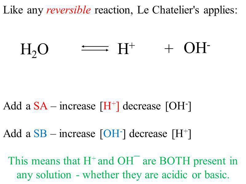 Like any reversible reaction, Le Chatelier s applies: Add a SA – increase [H + ] decrease [OH - ] Add a SB – increase [OH - ] decrease [H + ] This means that H + and OH¯ are BOTH present in any solution - whether they are acidic or basic.