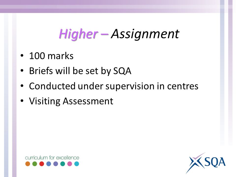 Higher – Higher – Assignment 100 marks Briefs will be set by SQA Conducted under supervision in centres Visiting Assessment