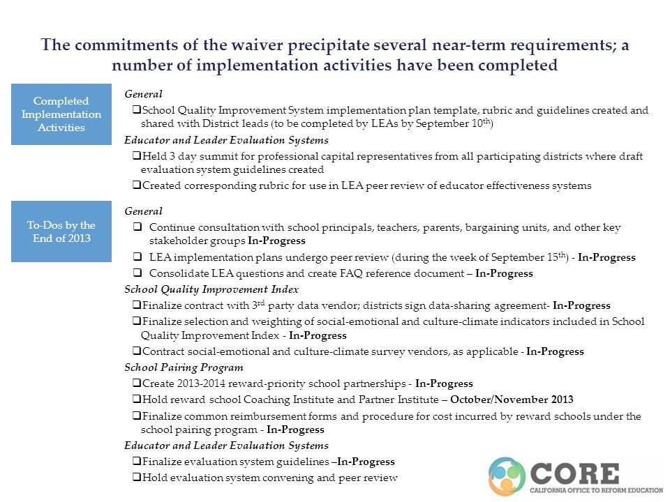 The commitments of the waiver precipitate several near-term requirements; a number of implementation activities have been completed Completed Implementation Activities To-Dos by the End of 2013 General School Quality Improvement System implementation plan template, rubric and guidelines created and shared with District leads (to be completed by LEAs by September 10 th ) Educator and Leader Evaluation Systems Held 3 day summit for professional capital representatives from all participating districts where draft evaluation system guidelines created Created corresponding rubric for use in LEA peer review of educator effectiveness systems General Continue consultation with school principals, teachers, parents, bargaining units, and other key stakeholder groups In-Progress LEA implementation plans undergo peer review (during the week of September 15 th ) - In-Progress Consolidate LEA questions and create FAQ reference document – In-Progress School Quality Improvement Index Finalize contract with 3 rd party data vendor; districts sign data-sharing agreement- In-Progress Finalize selection and weighting of social-emotional and culture-climate indicators included in School Quality Improvement Index - In-Progress Contract social-emotional and culture-climate survey vendors, as applicable - In-Progress School Pairing Program Create reward-priority school partnerships - In-Progress Hold reward school Coaching Institute and Partner Institute – October/November 2013 Finalize common reimbursement forms and procedure for cost incurred by reward schools under the school pairing program - In-Progress Educator and Leader Evaluation Systems Finalize evaluation system guidelines –In-Progress Hold evaluation system convening and peer review