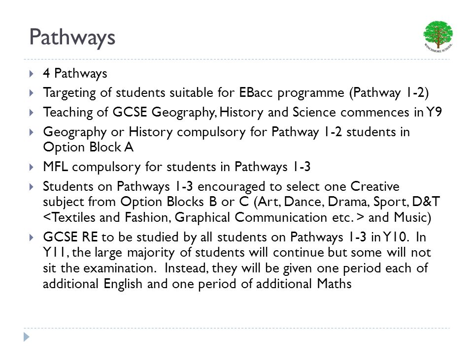 Pathways 4 Pathways Targeting of students suitable for EBacc programme (Pathway 1-2) Teaching of GCSE Geography, History and Science commences in Y9 Geography or History compulsory for Pathway 1-2 students in Option Block A MFL compulsory for students in Pathways 1-3 Students on Pathways 1-3 encouraged to select one Creative subject from Option Blocks B or C (Art, Dance, Drama, Sport, D&T and Music) GCSE RE to be studied by all students on Pathways 1-3 in Y10.