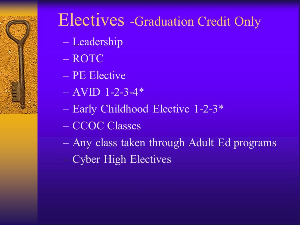 Electives -Graduation Credit Only –Leadership –ROTC –PE Elective –AVID * –Early Childhood Elective 1-2-3* –CCOC Classes –Any class taken through Adult Ed programs –Cyber High Electives
