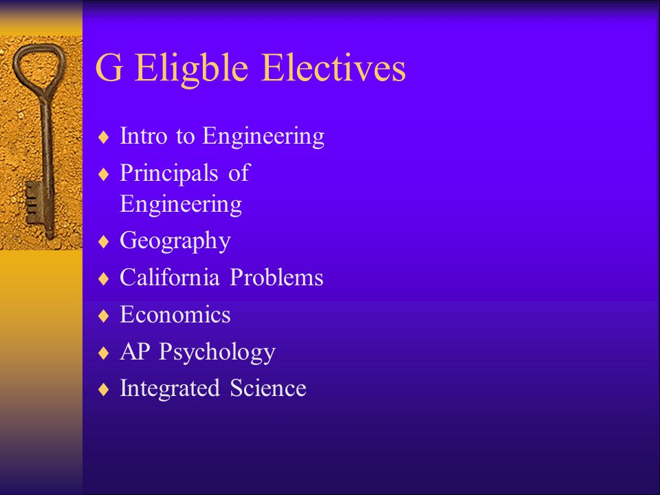 G Eligble Electives Intro to Engineering Principals of Engineering Geography California Problems Economics AP Psychology Integrated Science