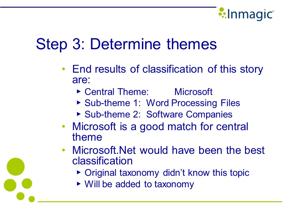 Step 3: Determine themes End results of classification of this story are: Central Theme: Microsoft Sub-theme 1: Word Processing Files Sub-theme 2: Software Companies Microsoft is a good match for central theme Microsoft.Net would have been the best classification Original taxonomy didnt know this topic Will be added to taxonomy