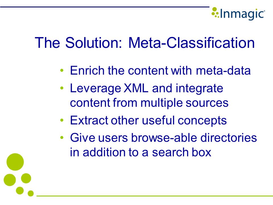 The Solution: Meta-Classification Enrich the content with meta-data Leverage XML and integrate content from multiple sources Extract other useful concepts Give users browse-able directories in addition to a search box