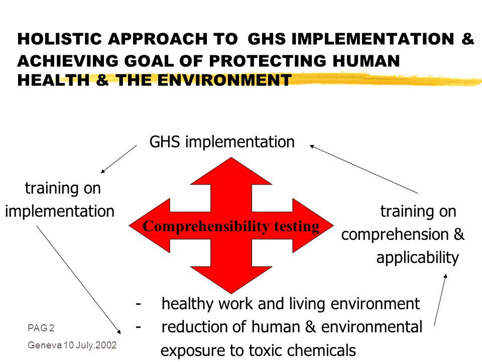 PAG 2 Geneva 10 July,2002 HOLISTIC APPROACH TO GHS IMPLEMENTATION & ACHIEVING GOAL OF PROTECTING HUMAN HEALTH & THE ENVIRONMENT GHS implementation training on implementation training on comprehension & applicability - healthy work and living environment - reduction of human & environmental exposure to toxic chemicals Comprehensibility testing