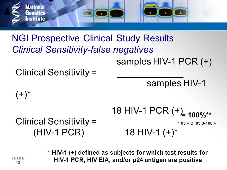 S L I D E 12 NGI Prospective Clinical Study Results Clinical Sensitivity-false negatives samples HIV-1 PCR (+) Clinical Sensitivity = samples HIV-1 (+)* * HIV-1 (+) defined as subjects for which test results for HIV-1 PCR, HIV EIA, and/or p24 antigen are positive 18 HIV-1 PCR (+) Clinical Sensitivity = (HIV-1 PCR) 18 HIV-1 (+)* = 100%** **95% CI %