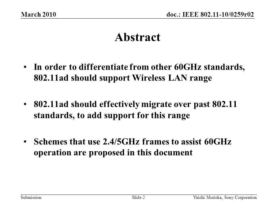 doc.: IEEE /0259r02 Submission In order to differentiate from other 60GHz standards, ad should support Wireless LAN range ad should effectively migrate over past standards, to add support for this range Schemes that use 2.4/5GHz frames to assist 60GHz operation are proposed in this document Abstract March 2010 Yuichi Morioka, Sony CorporationSlide 2