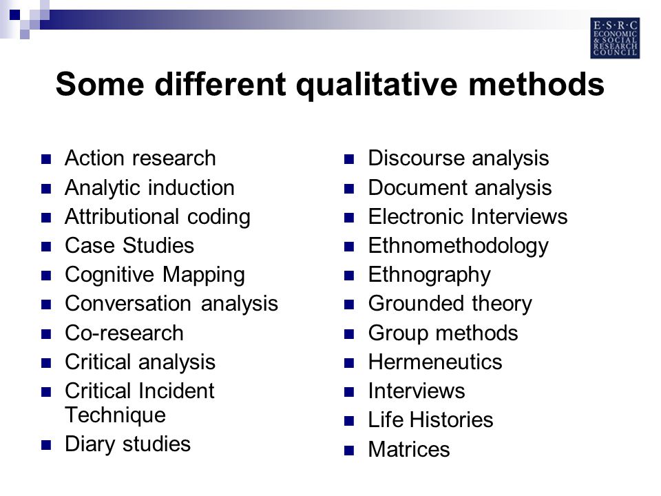 Some different qualitative methods Action research Analytic induction Attributional coding Case Studies Cognitive Mapping Conversation analysis Co-research Critical analysis Critical Incident Technique Diary studies Discourse analysis Document analysis Electronic Interviews Ethnomethodology Ethnography Grounded theory Group methods Hermeneutics Interviews Life Histories Matrices