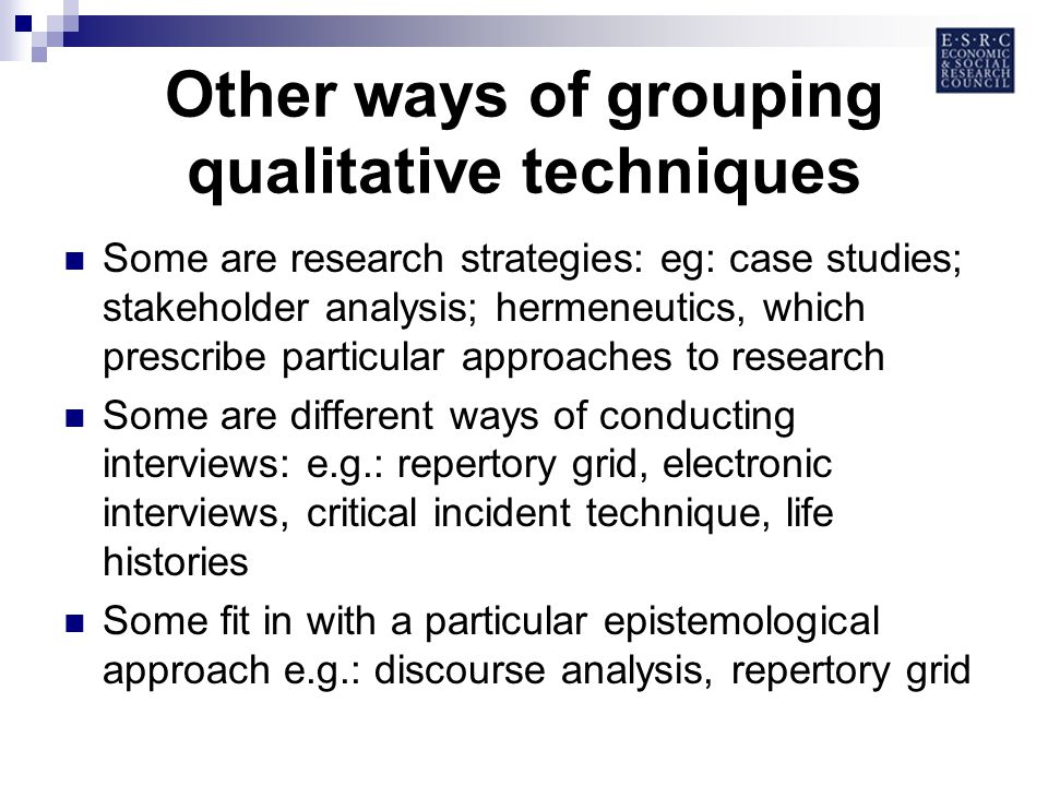 Other ways of grouping qualitative techniques Some are research strategies: eg: case studies; stakeholder analysis; hermeneutics, which prescribe particular approaches to research Some are different ways of conducting interviews: e.g.: repertory grid, electronic interviews, critical incident technique, life histories Some fit in with a particular epistemological approach e.g.: discourse analysis, repertory grid