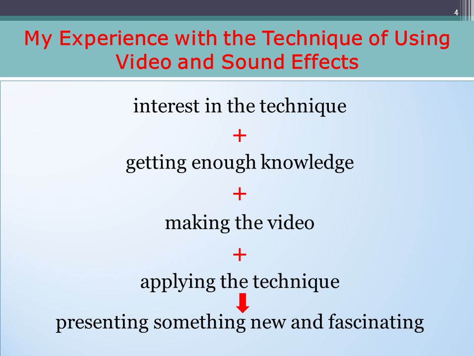 My Experience with the Technique of Using Video and Sound Effects interest in the technique + getting enough knowledge + making the video + applying the technique presenting something new and fascinating interest in the technique + getting enough knowledge + making the video + applying the technique presenting something new and fascinating 4