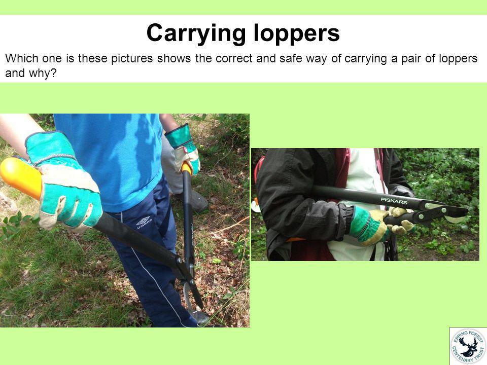 Carrying loppers Which one is these pictures shows the correct and safe way of carrying a pair of loppers and why