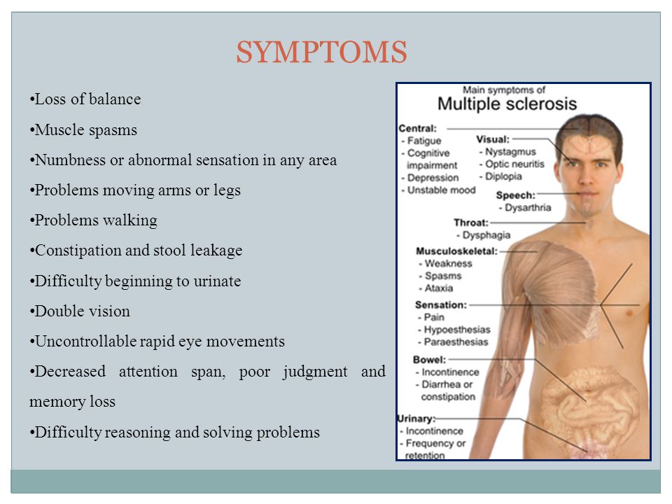 SYMPTOMS Loss of balance Muscle spasms Numbness or abnormal sensation in any area Problems moving arms or legs Problems walking Constipation and stool leakage Difficulty beginning to urinate Double vision Uncontrollable rapid eye movements Decreased attention span, poor judgment and memory loss Difficulty reasoning and solving problems
