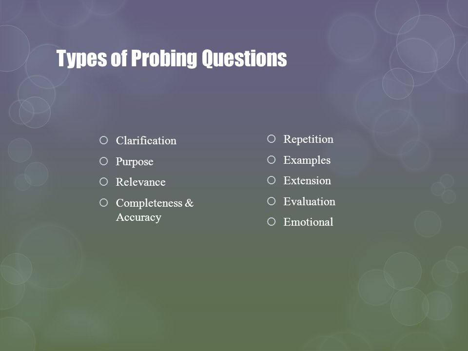 Types of Probing Questions Clarification Purpose Relevance Completeness & Accuracy Repetition Examples Extension Evaluation Emotional