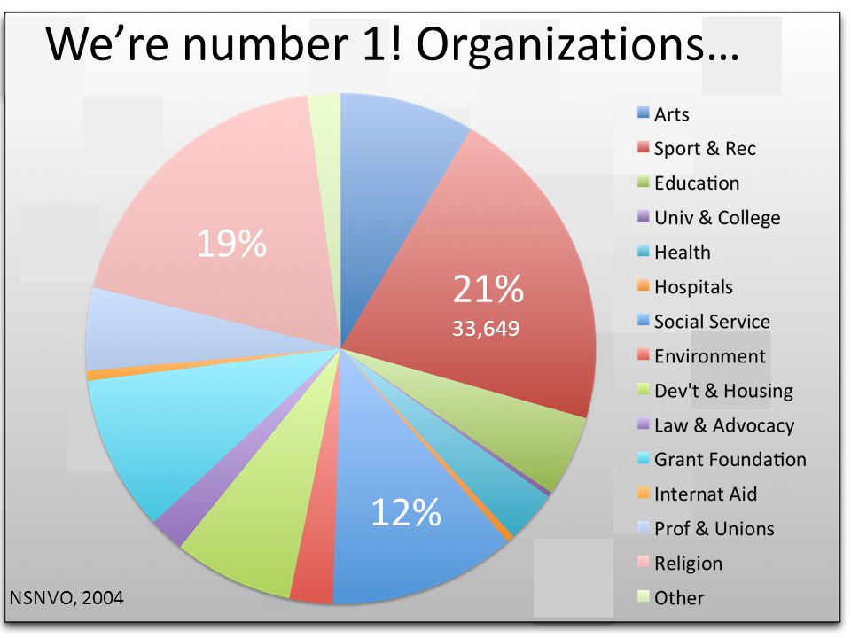 Were number 1! Organizations… 21% 33,649 19% 12% NSNVO, 2004
