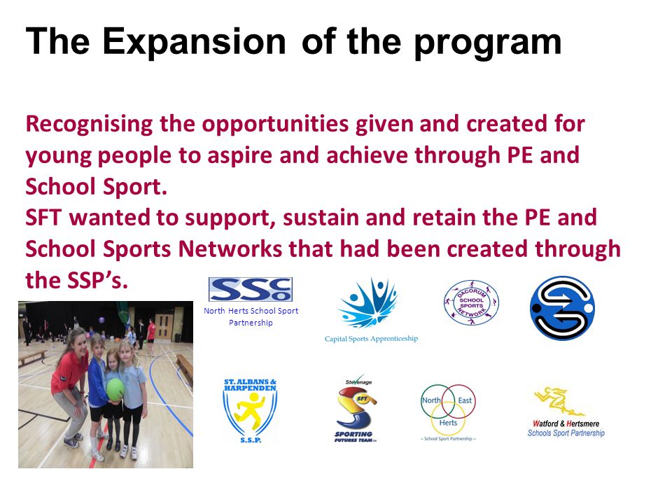 The Expansion of the program Recognising the opportunities given and created for young people to aspire and achieve through PE and School Sport.