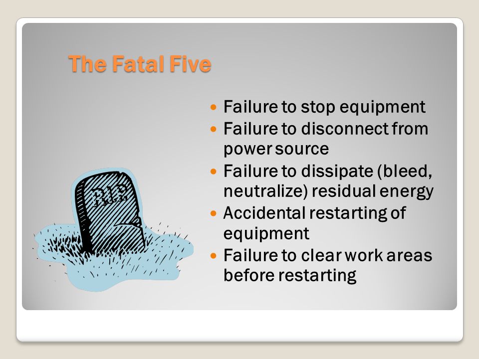 The Fatal Five Failure to stop equipment Failure to disconnect from power source Failure to dissipate (bleed, neutralize) residual energy Accidental restarting of equipment Failure to clear work areas before restarting