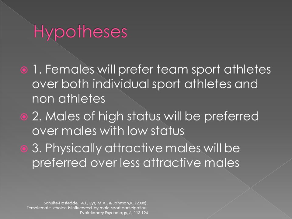 1. Females will prefer team sport athletes over both individual sport athletes and non athletes 2.