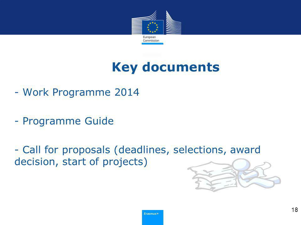 Erasmus+ Key documents - Work Programme Programme Guide - Call for proposals (deadlines, selections, award decision, start of projects) 18