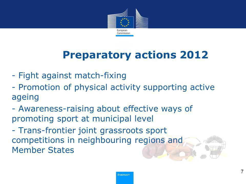 Erasmus+ Preparatory actions Fight against match-fixing - Promotion of physical activity supporting active ageing - Awareness-raising about effective ways of promoting sport at municipal level - Trans-frontier joint grassroots sport competitions in neighbouring regions and Member States 7