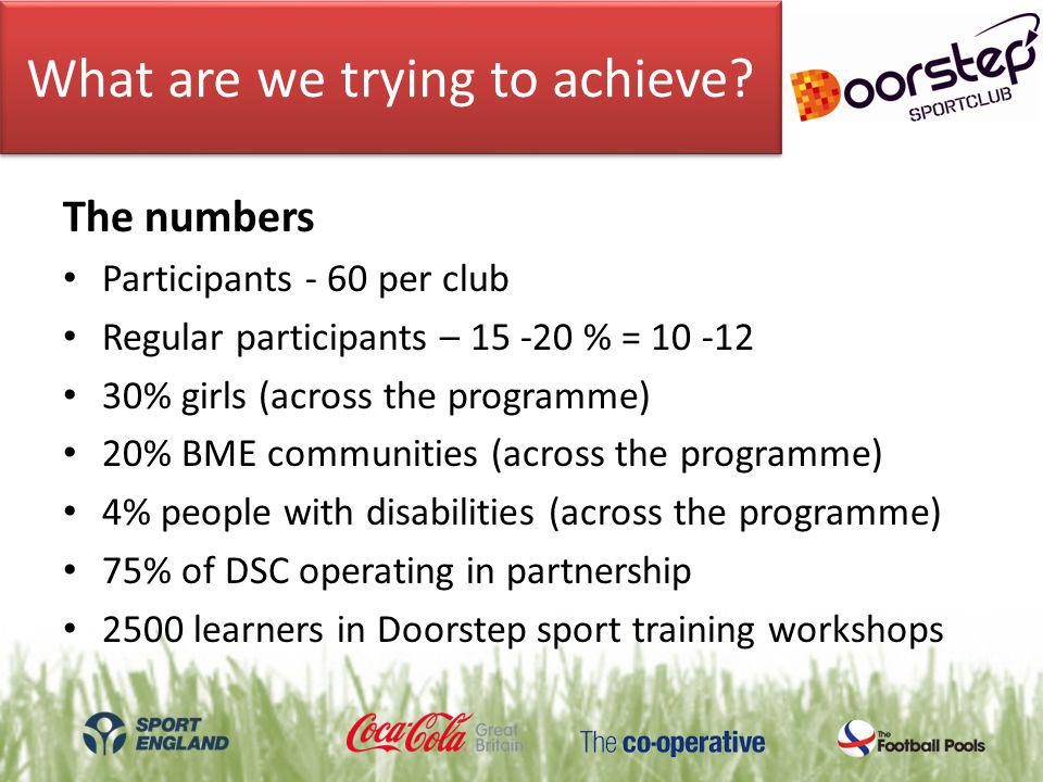 The numbers Participants - 60 per club Regular participants – % = % girls (across the programme) 20% BME communities (across the programme) 4% people with disabilities (across the programme) 75% of DSC operating in partnership 2500 learners in Doorstep sport training workshops What are we trying to achieve