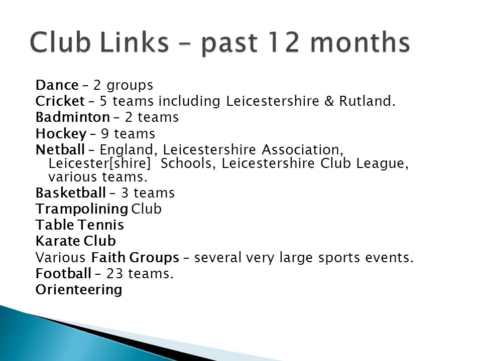 Dance – 2 groups Cricket – 5 teams including Leicestershire & Rutland.