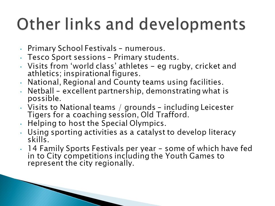 Primary School Festivals – numerous. Tesco Sport sessions – Primary students.