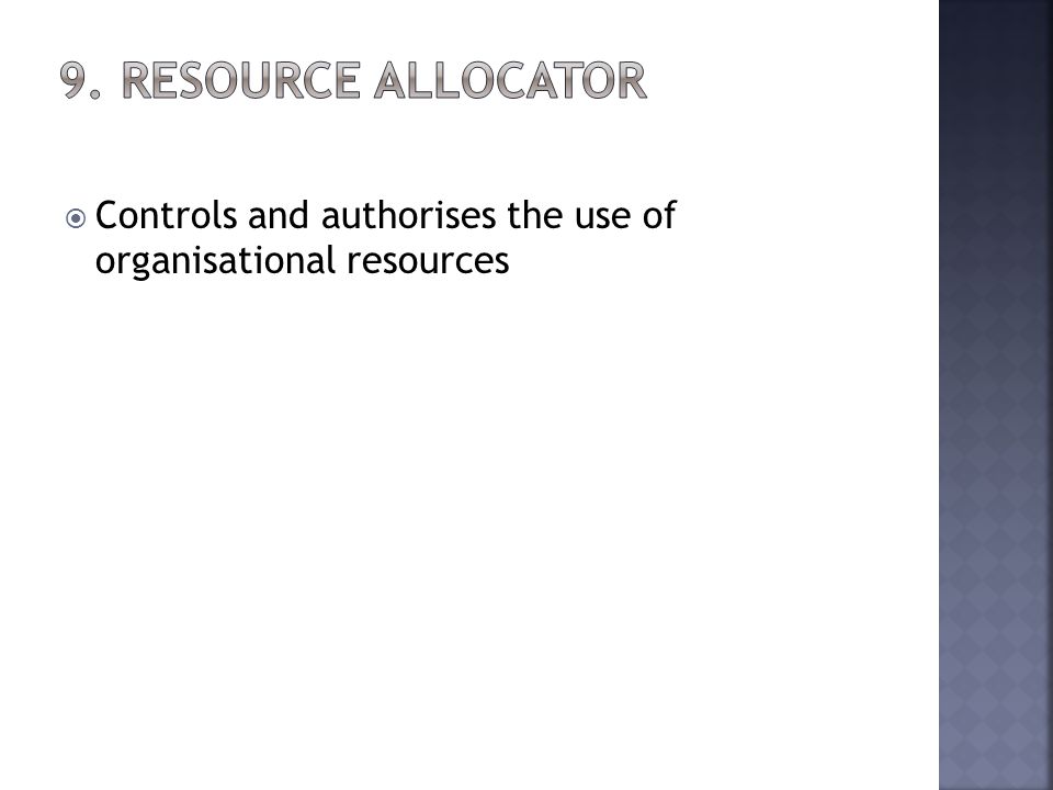 Controls and authorises the use of organisational resources