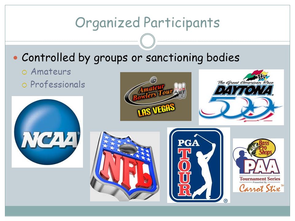 Organized Participants Controlled by groups or sanctioning bodies Amateurs Professionals